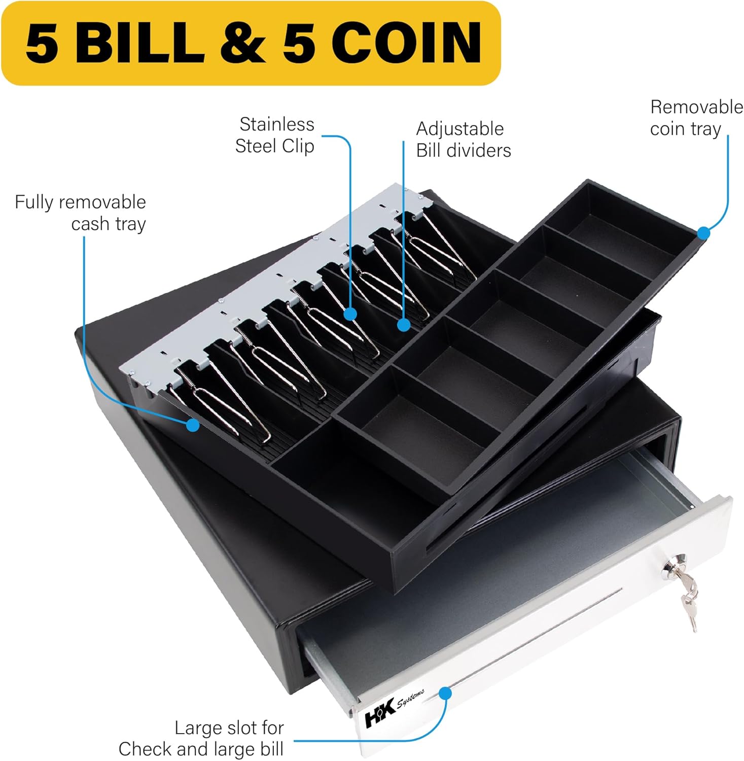 16inch "Stainless Steel" Front Heavy Duty Black POS Cash Drawer with 5Bill/5Coin