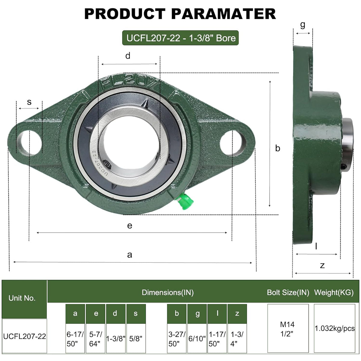 2 Pack UCFL207-22 Pillow Block Bearing – Flange 2 Bolt Mounted Pillow Block Bearings – Bearing Steel Bearings with 1-3/8" Bore - Self-aligning Bearings with Solid Cast Iron Base
