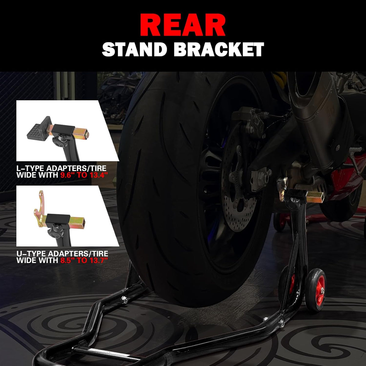 Motorcycle Front & Rear Stand, Front Rear Combo Stand Universal Wheel Lift Stand Swingarm Spool Lift Stand Paddock