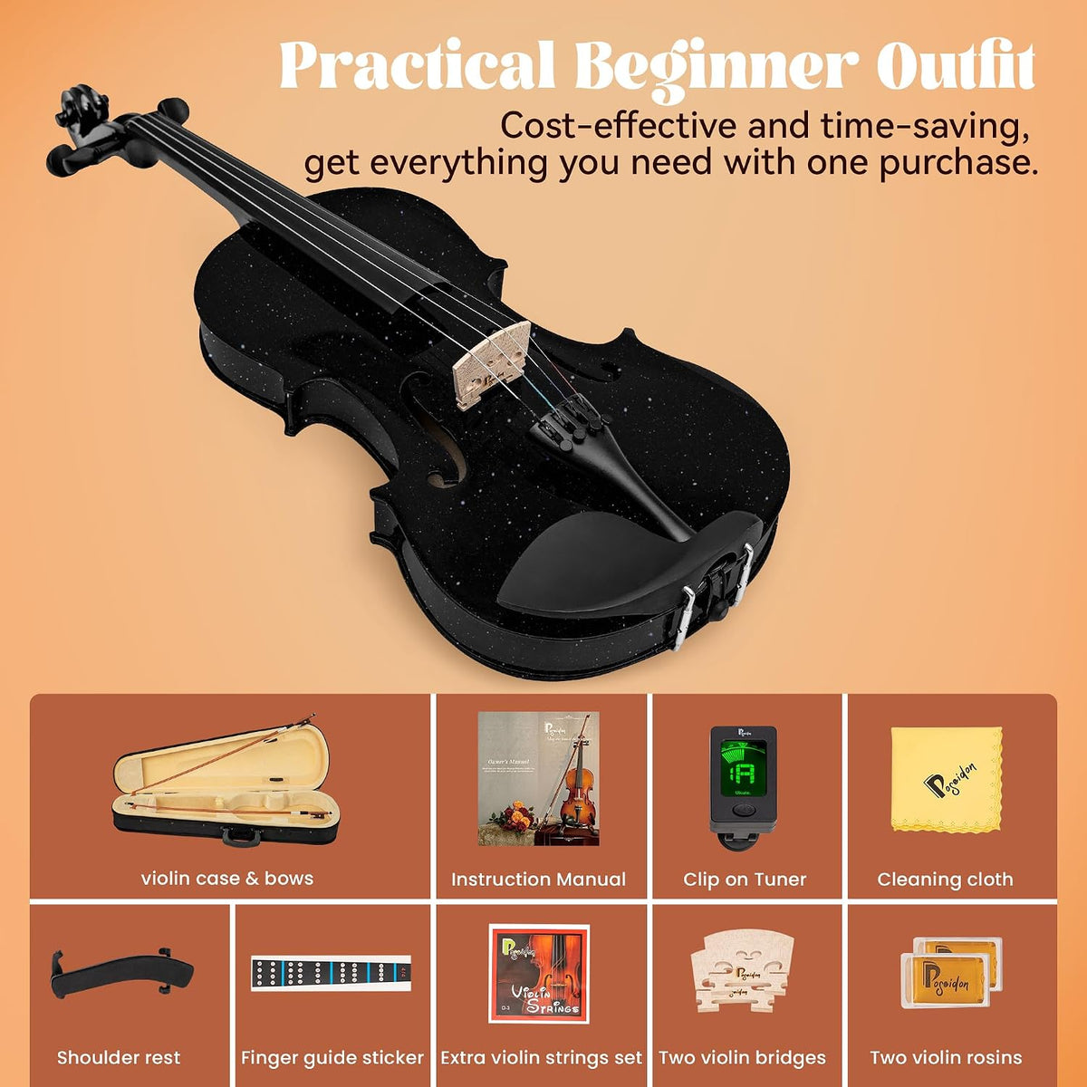 1/4 Violin for Beginner Fiddle Kit, Violin 1/4 Size for Student Stringed Musical Instrument w/Case, Two Strings Set