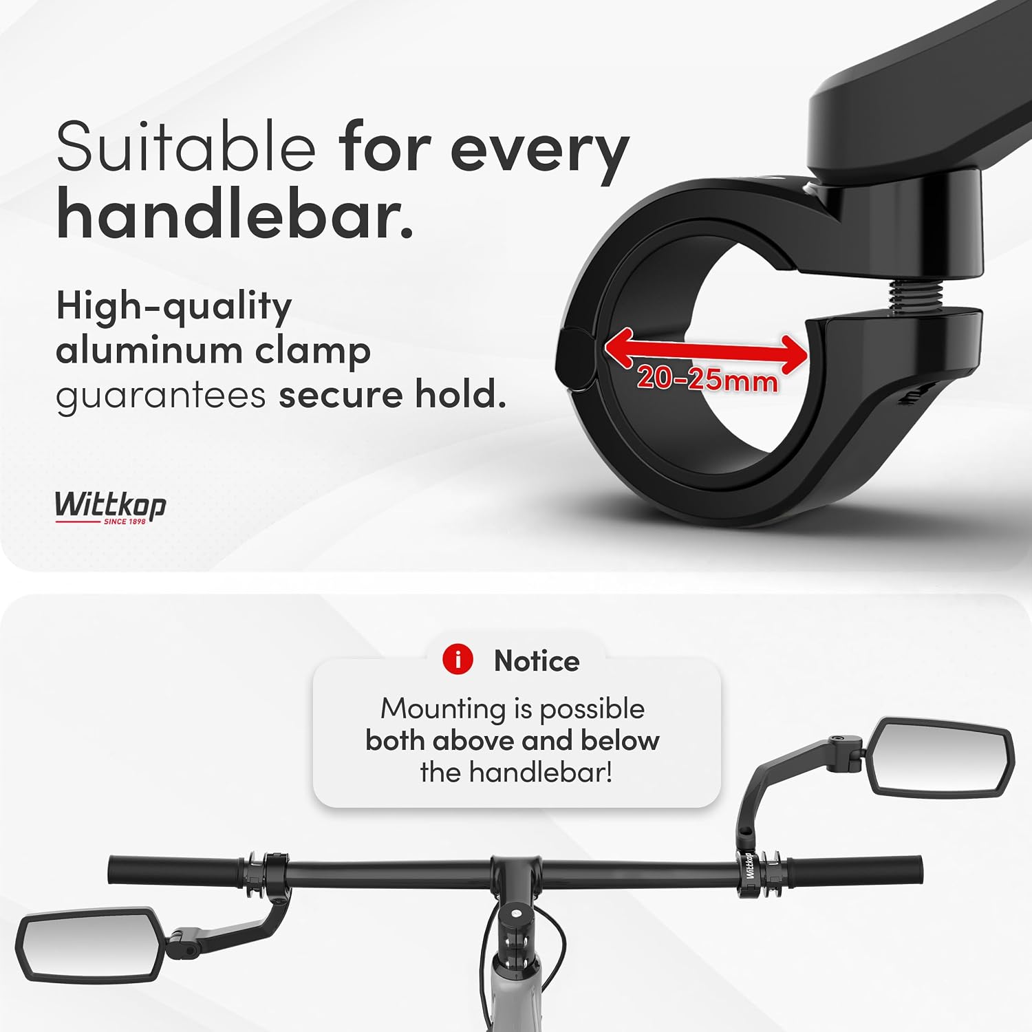 Bike mirror | Large HD field of vision | 360° rotatable & foldable | Mounting above & below | Break-proof & durable |