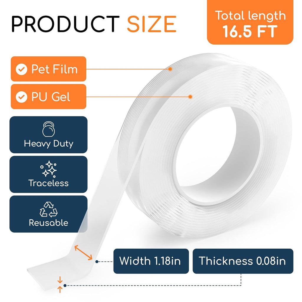 Heavy Duty Clear Double Sided Mounting Tape, 16.5 ft, Holds 17.5 lbs