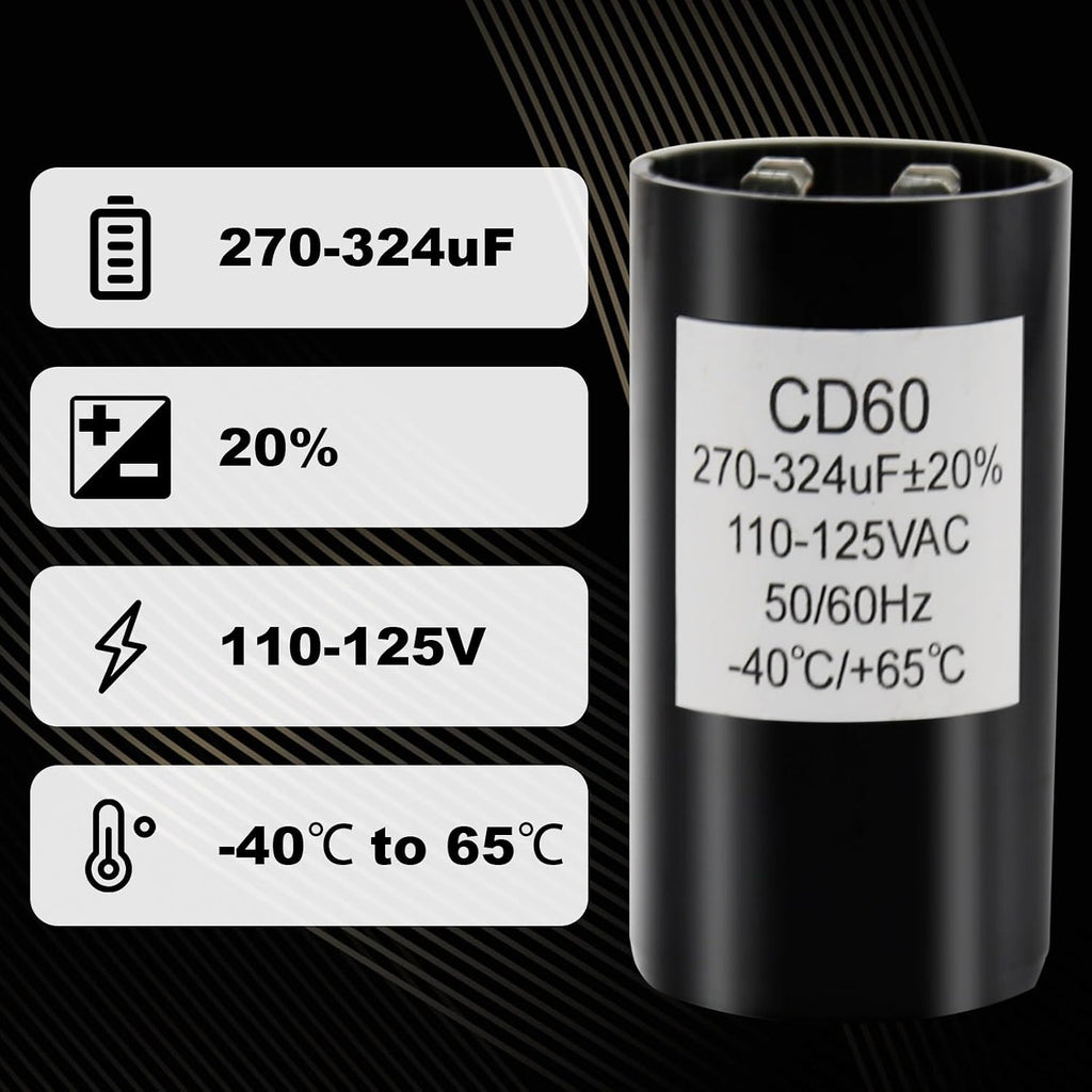 270-324 Mfd uF 110-125VAC Round Motor Start Capacitor, 50/60 Hz AC Electric Start Capacitors CD60B, 40°C to +65°C / -40°F to 149°F (110-125VAC)