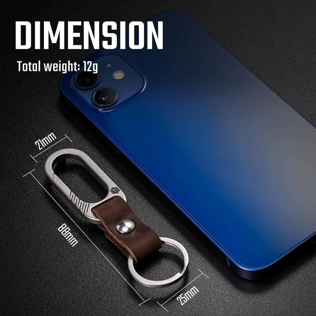 KM02 Titanium Belt Clip Carabiner Leather Keychain Holder with Removable Stainless Steel Key Ring