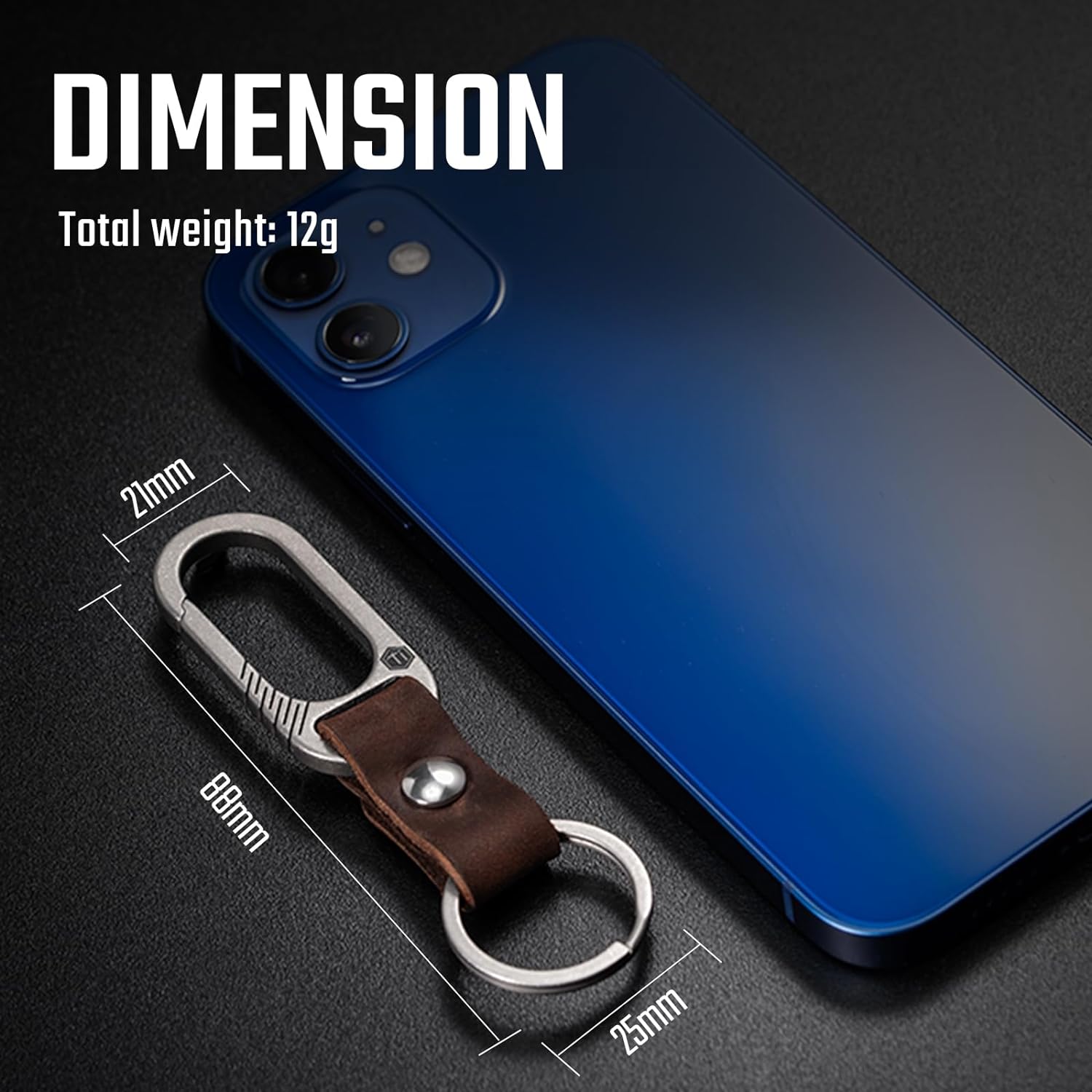 KM02 Titanium Belt Clip Carabiner Leather Keychain Holder with Removable Stainless Steel Key Ring