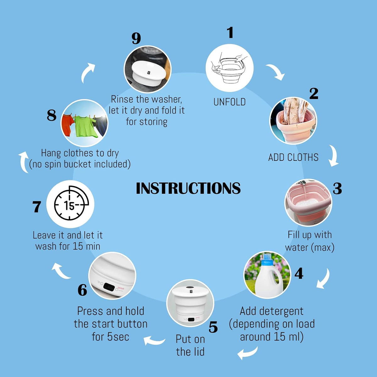 Mini Portable Washing Machine - Small Foldable Bucket Washer for Clothes- For Camping, RV, Travel, Small Spaces. (White)