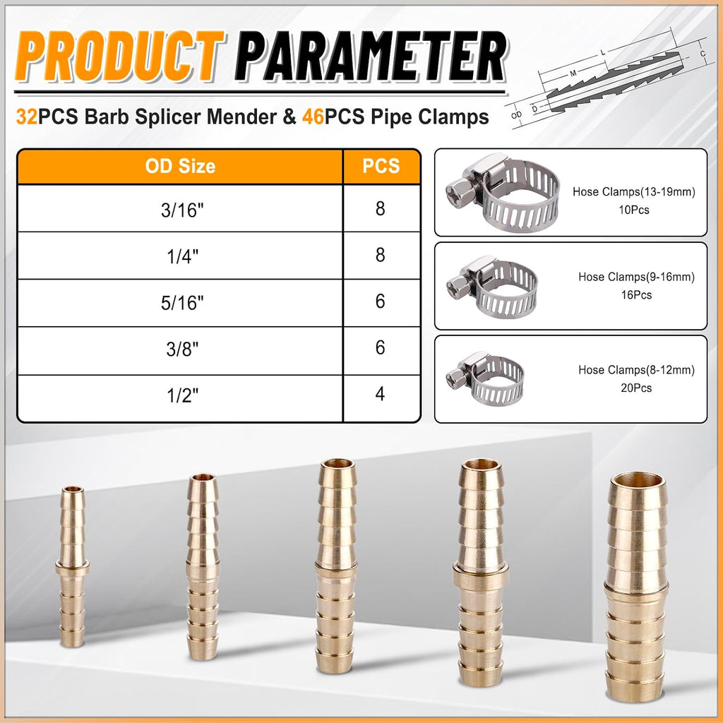 32PCS Brass Hose Barb Fittings Barb Splicer Mender Hose Fittings Kit 3/16" 1/4" 5/16" 3/8" 1/2" Barbed Air Hose