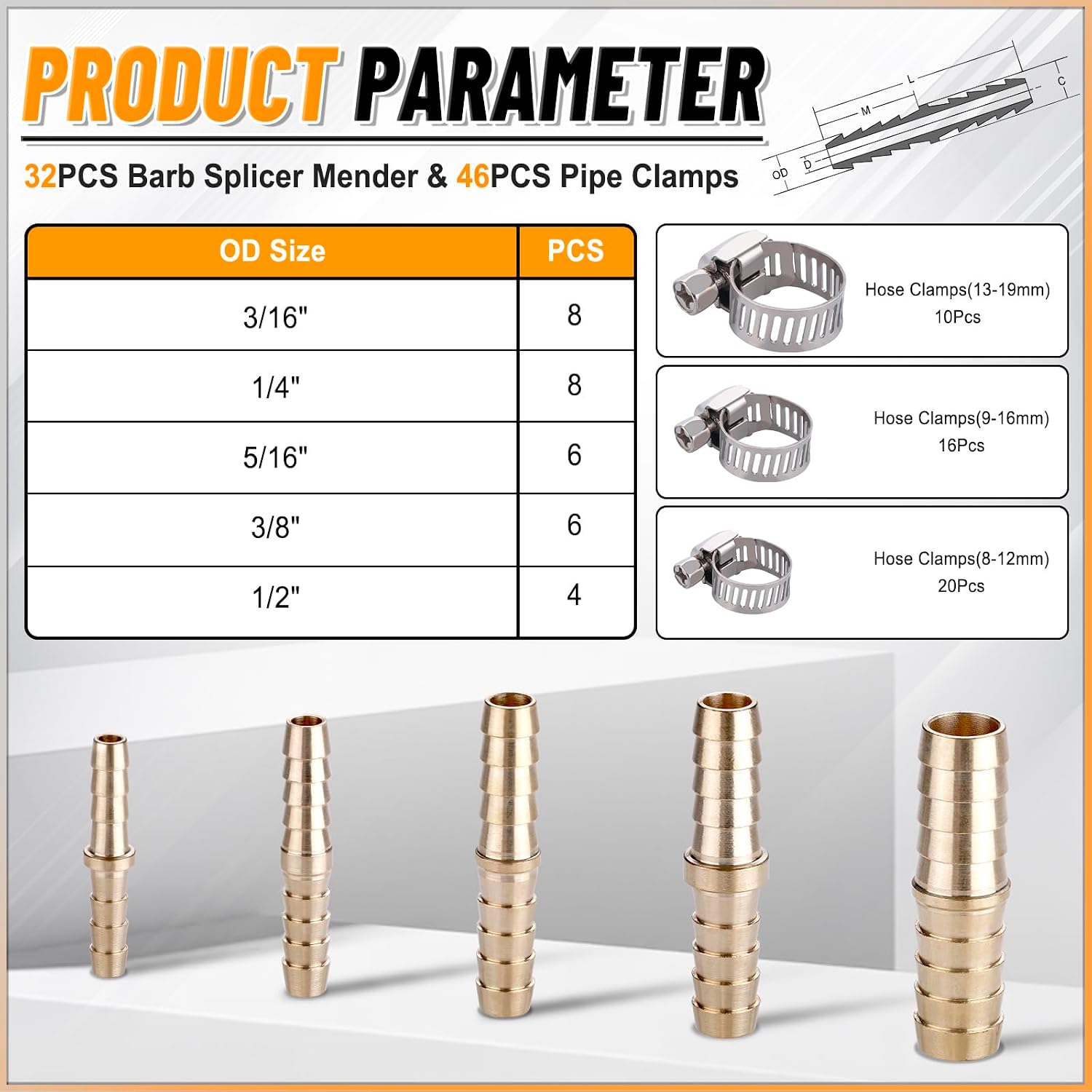 32PCS Brass Hose Barb Fittings Barb Splicer Mender Hose Fittings Kit 3/16" 1/4" 5/16" 3/8" 1/2" Barbed Air Hose