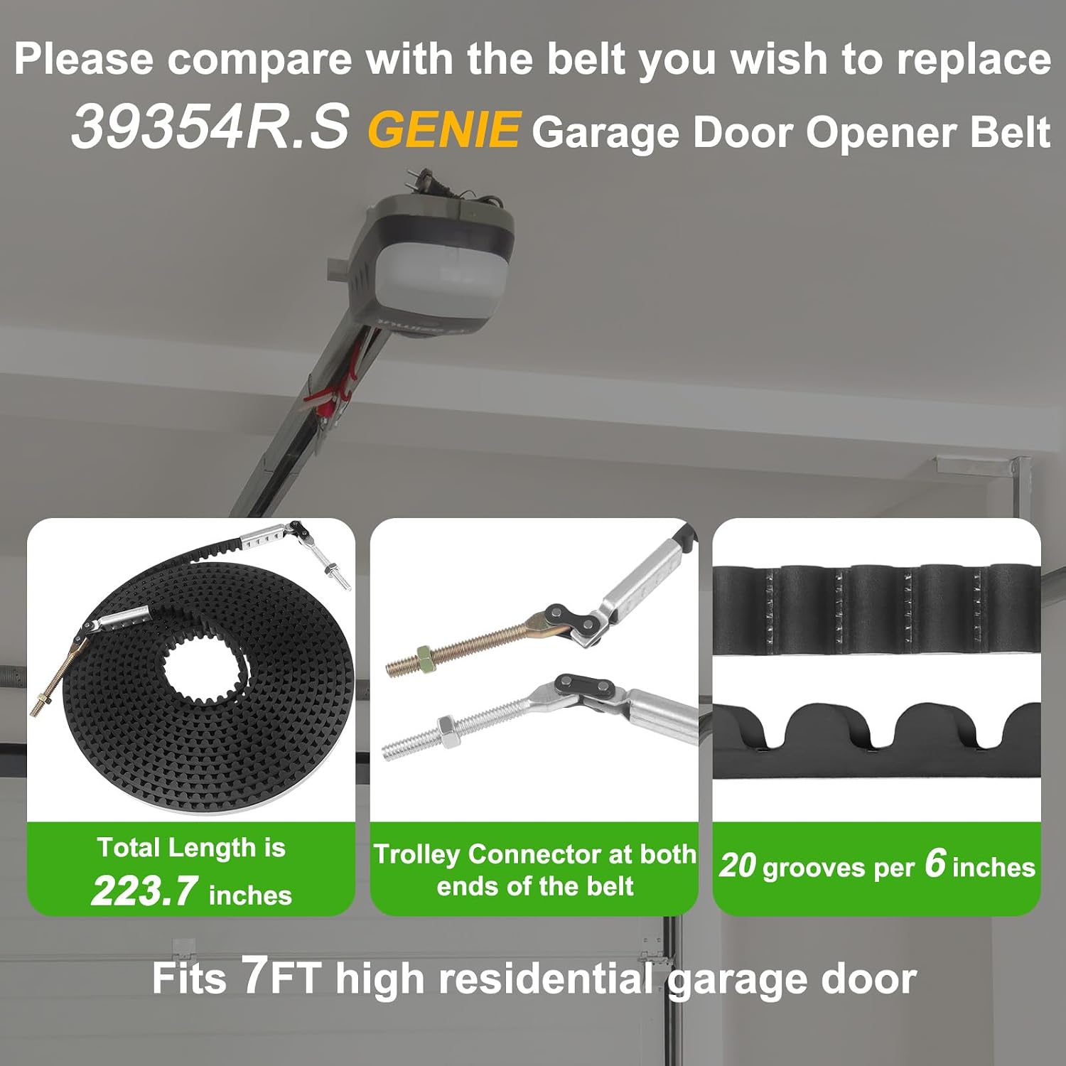 39354R.S Belt 223.7" Stable for 7 FT Genie Garage Door Opener 7055, 3055, 3053, 2055, 7155, SilentMax 550/750