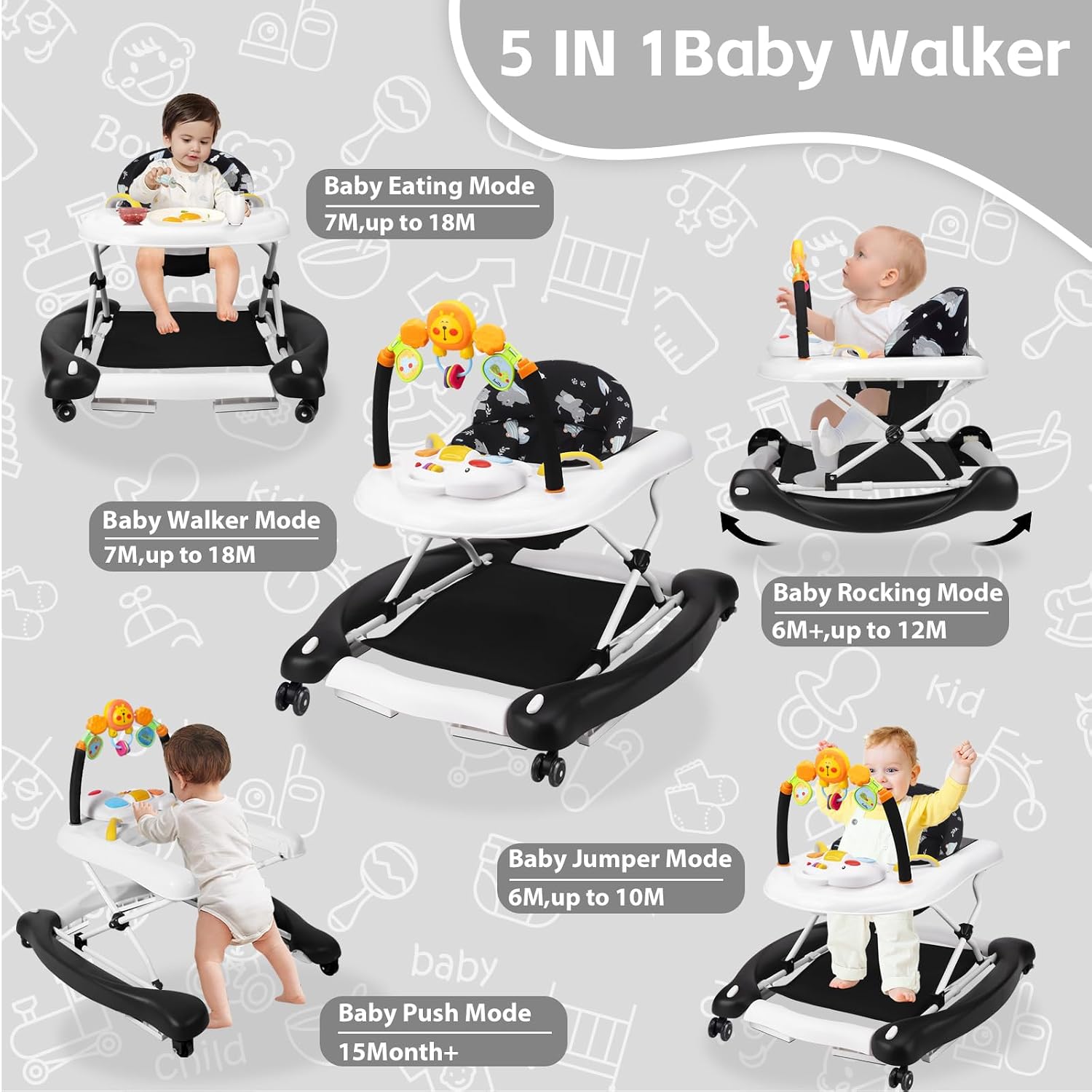 5 in 1 Foldable Baby Walker for Boys Girls Infant 6-12 Months | Walkers for Babies with Bouncer, Rocker, Feeding