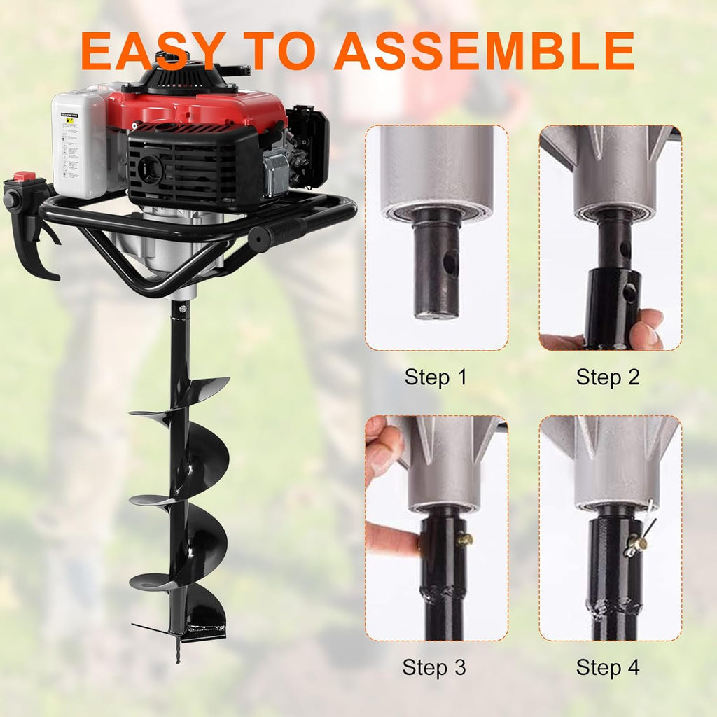 4-Stroke Gas Powered Post Hole Digger, 78CC Earth Auger with 2 Drill Bits | 6" & 8" Drill Bits and Extension Rod, No