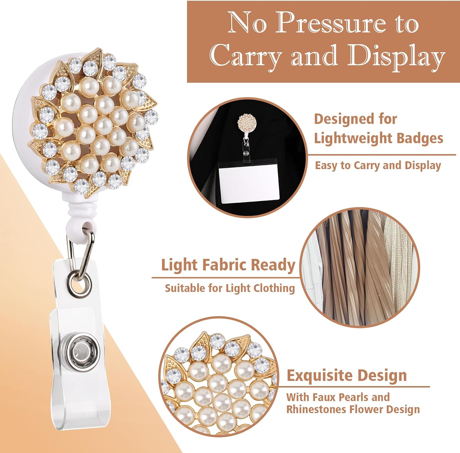 Flower Magnetic Badge Holder Retractable Badge Reel Diameter 1.26" Pearl Gold Flower Magnetic ID Badge Clip Magnet