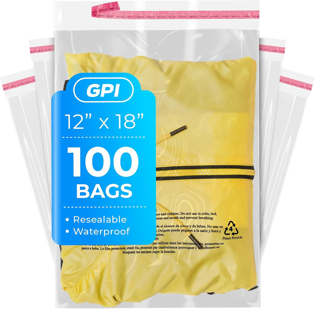 12"x18" Self Seal Poly Bags, 100 Pack, 1.5 Mil, Suffocation Warning
