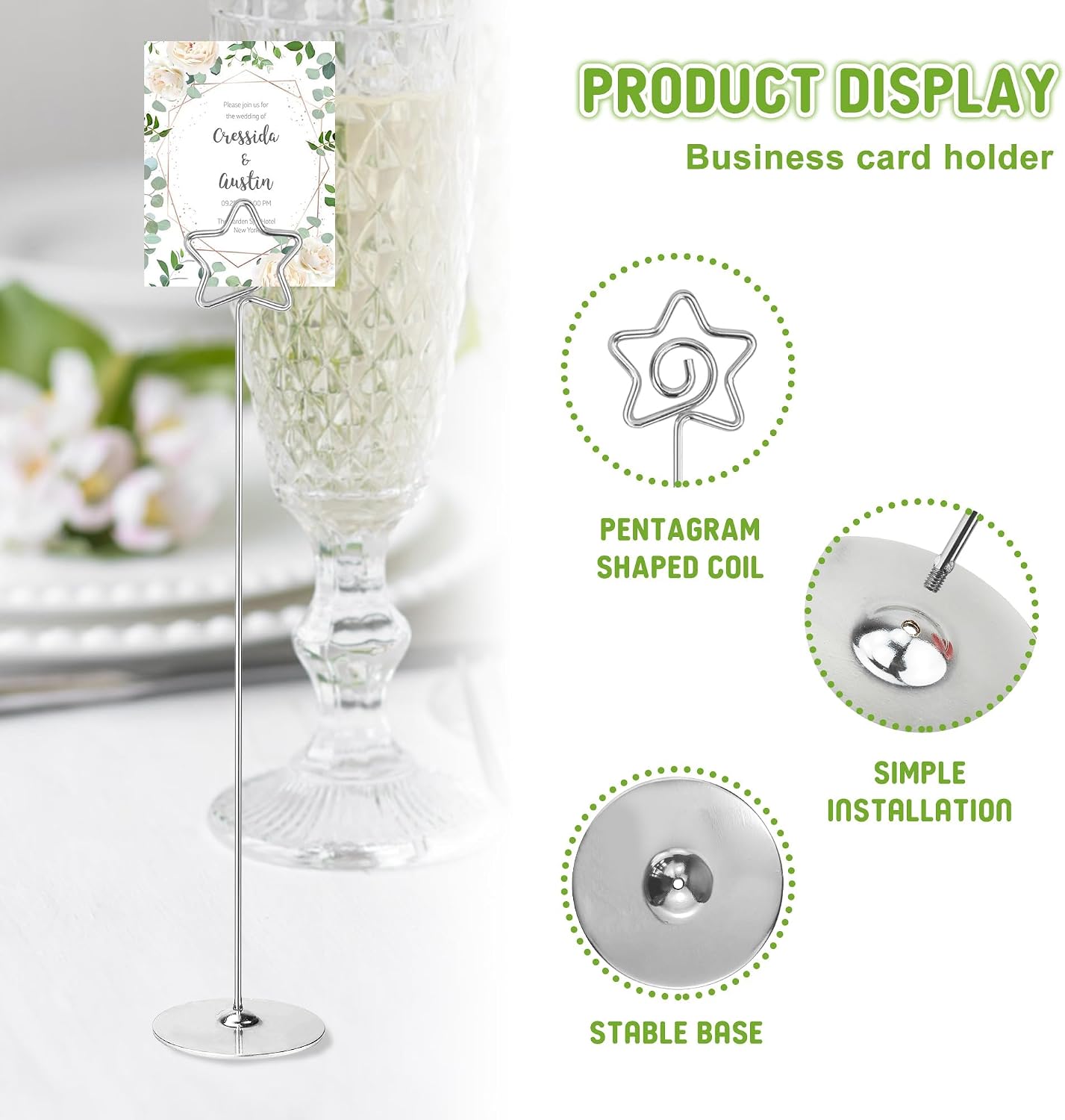 Silver Pentagram Place Card Holders, 12 Pack, 12 Inch Table Number Stands | Metal Table Card & Picture Holders