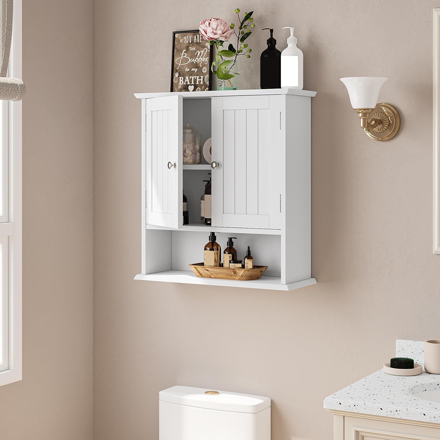 Bathroom Wall Cabinet, Bathroom Cabinet Wall Mount with 2 Doors and Open Shelf, Over The Toilet Wall Storage Cabinet