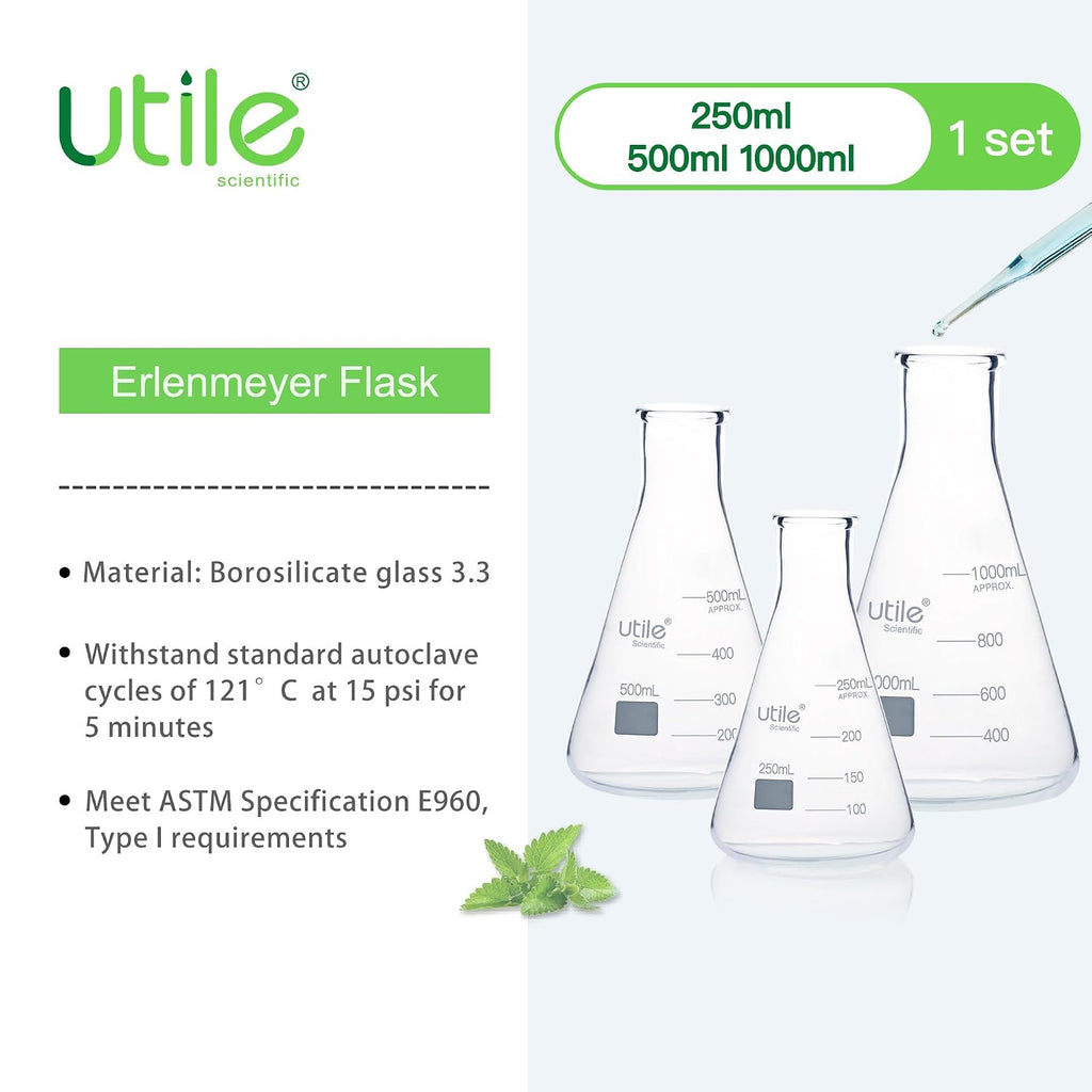 3pcs of Glass Erlenmeyer Flask Set, 250ml 500ml 1000ml Narrow Mouth Erlenmeyer Flasks, Borosilicate 3.3 Glass Conical