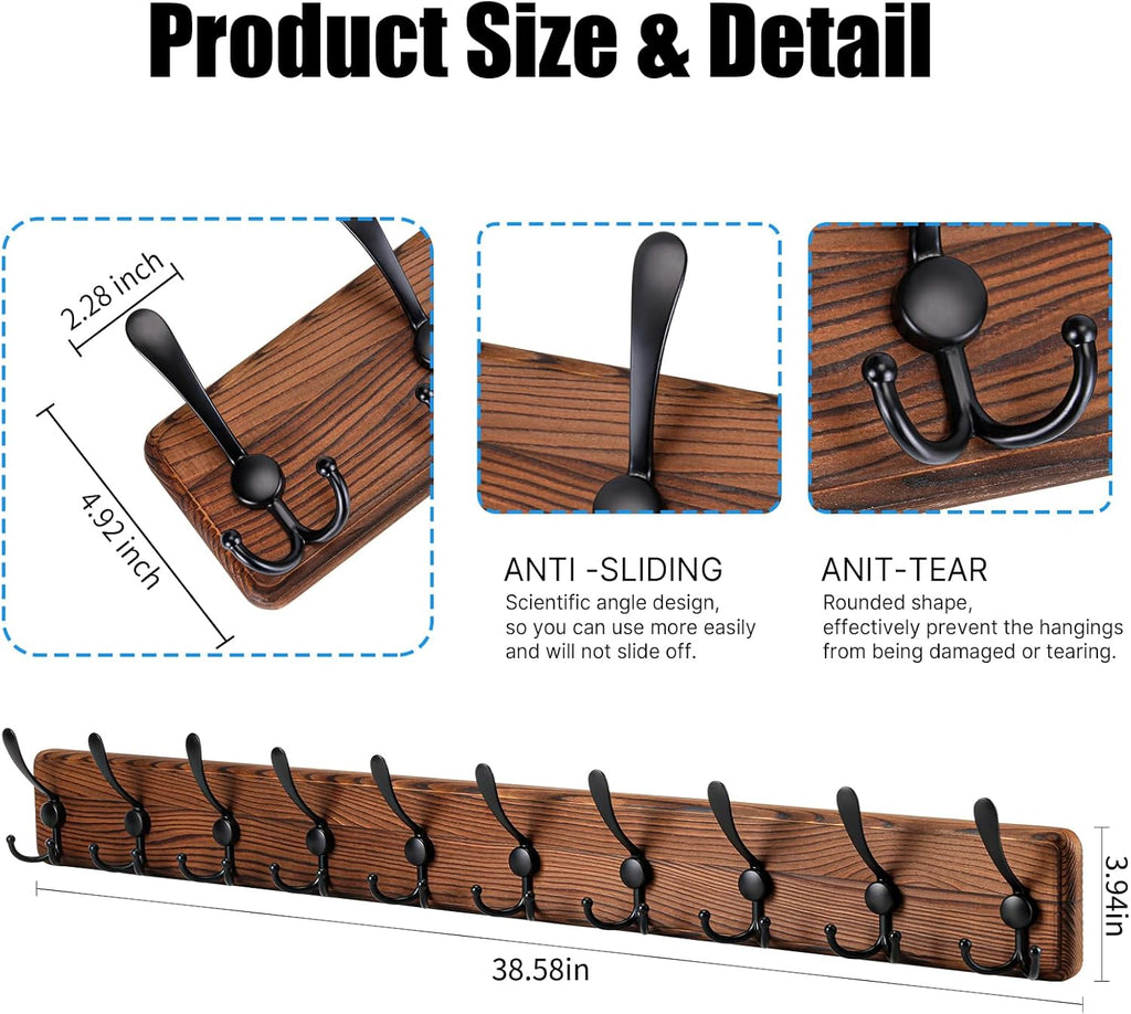 Rustic 38.6" Large Coat Rack Wall Mount, Long Wood Coat Hooks with 10 Triple Hooks, Heavy Duty Wooden Coat Hanger