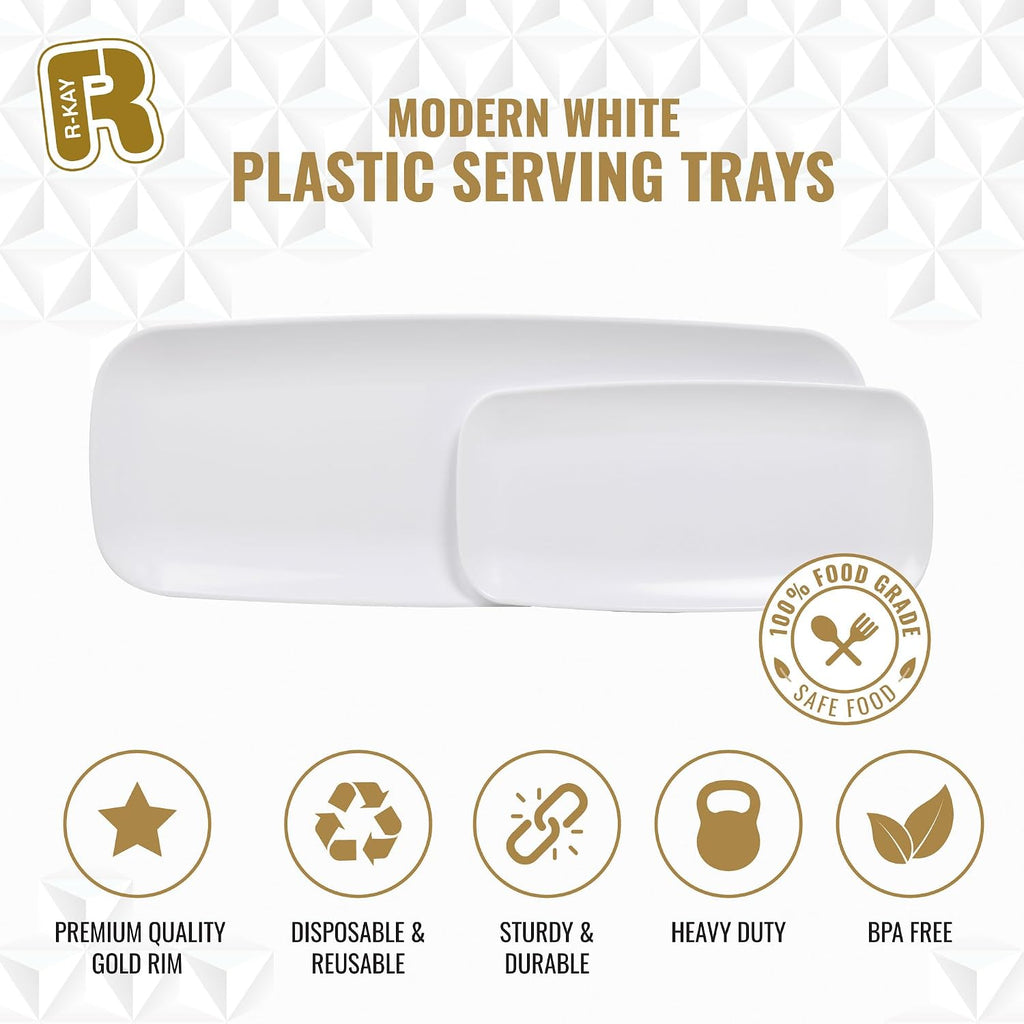 4 Pack White Plastic Serving Trays for Party - White Serving Tray 17 by 6.5 in - Rectangular Heavy Duty Dessert Trays