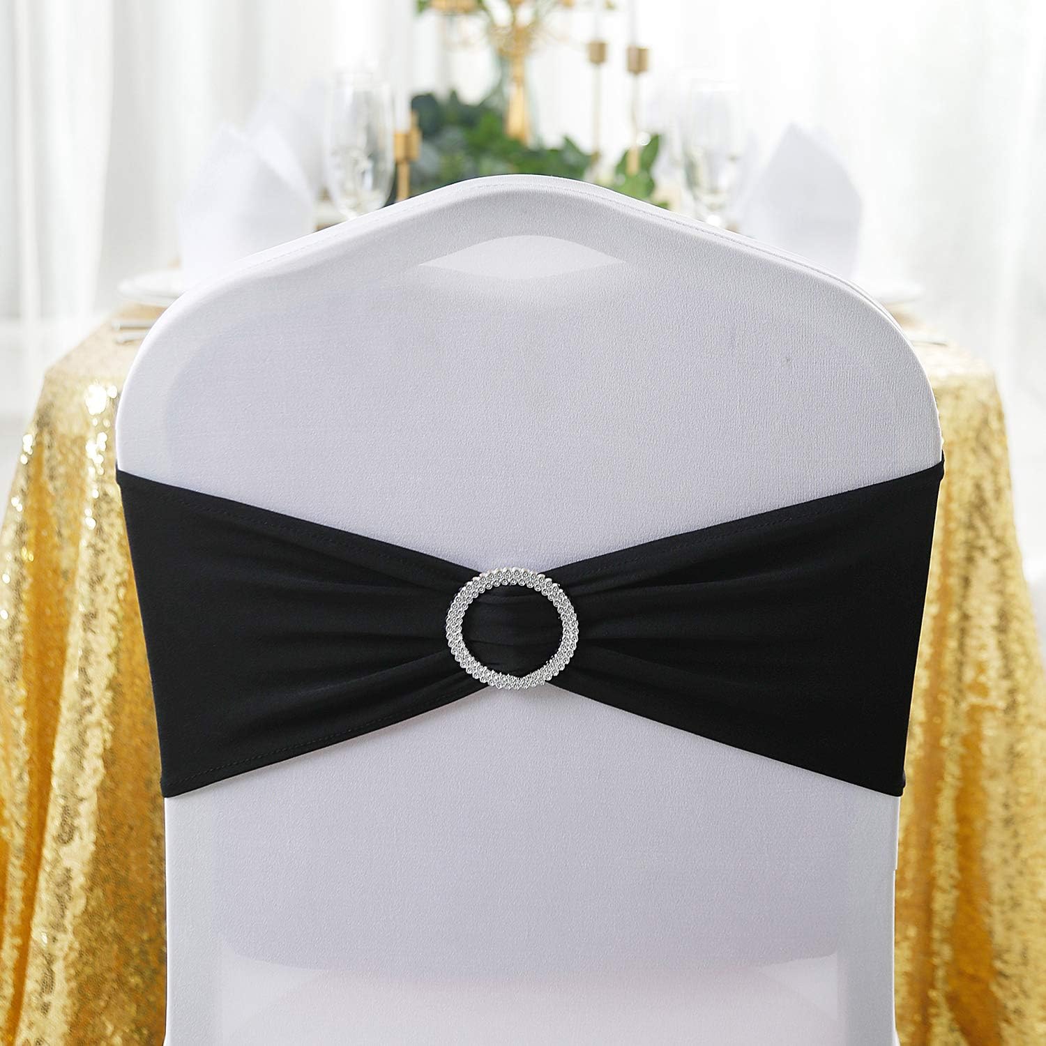 25pcs Black Spandex Chair Sashes with Buckle Slider for Wedding, Party Decoration
