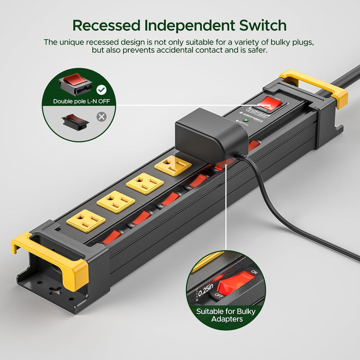 6 Outlet Heavy Duty Surge Protector Power Strip with Individual Switches | 3300J Surge Protection, Recessed Switch