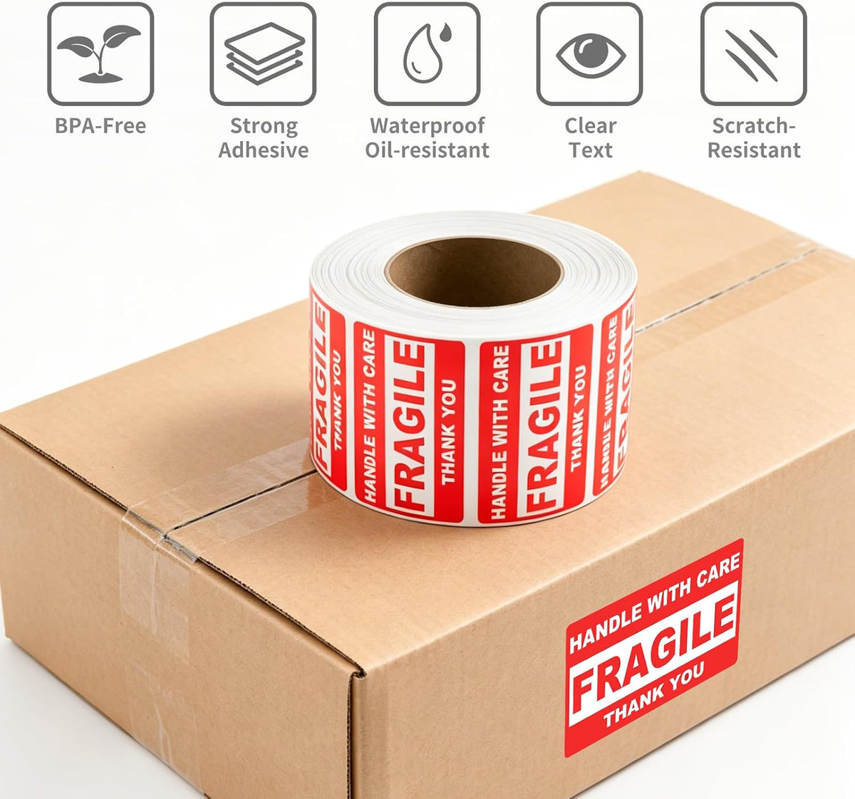 2'' x 3'' Fragile Stickers, 500 Labels/Roll, 4 Rolls