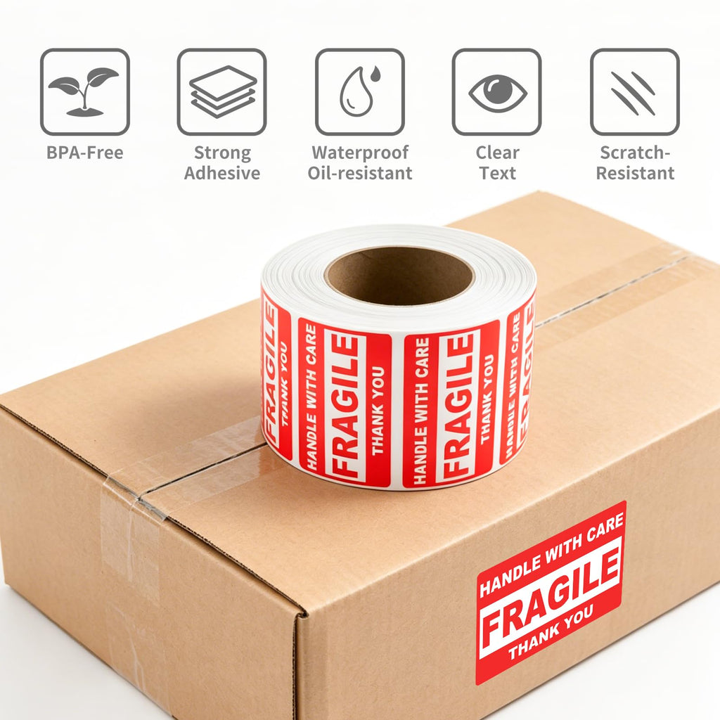 2'' x 3'' Fragile Stickers, 500 Labels/Roll, 20 Rolls