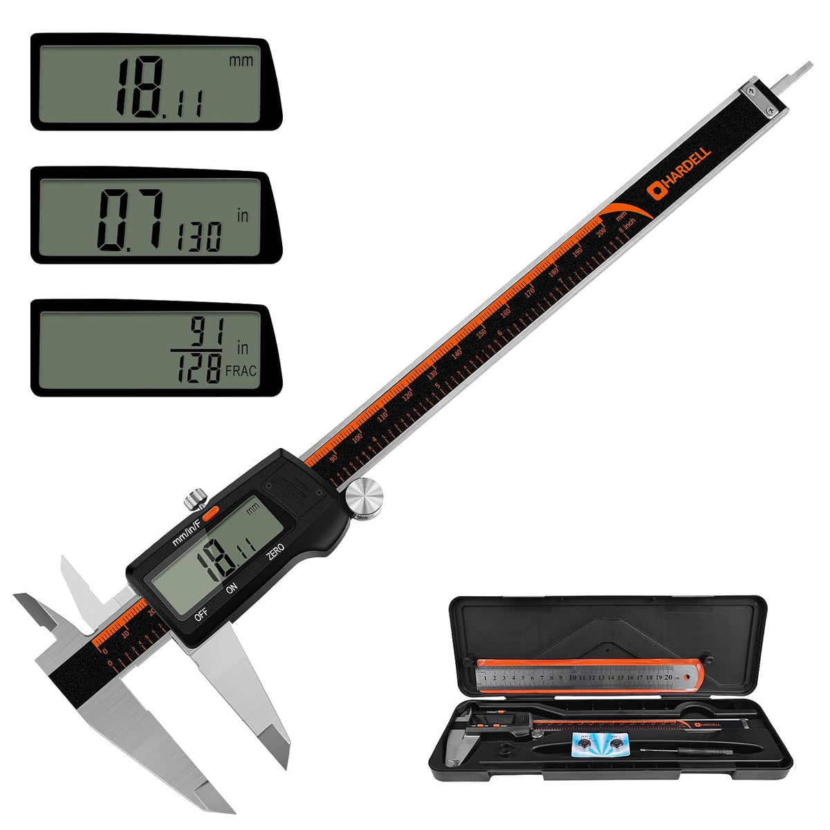 HARDELL Digital Caliper 0-8" Stainless Steel, Inch/Fractions/mm