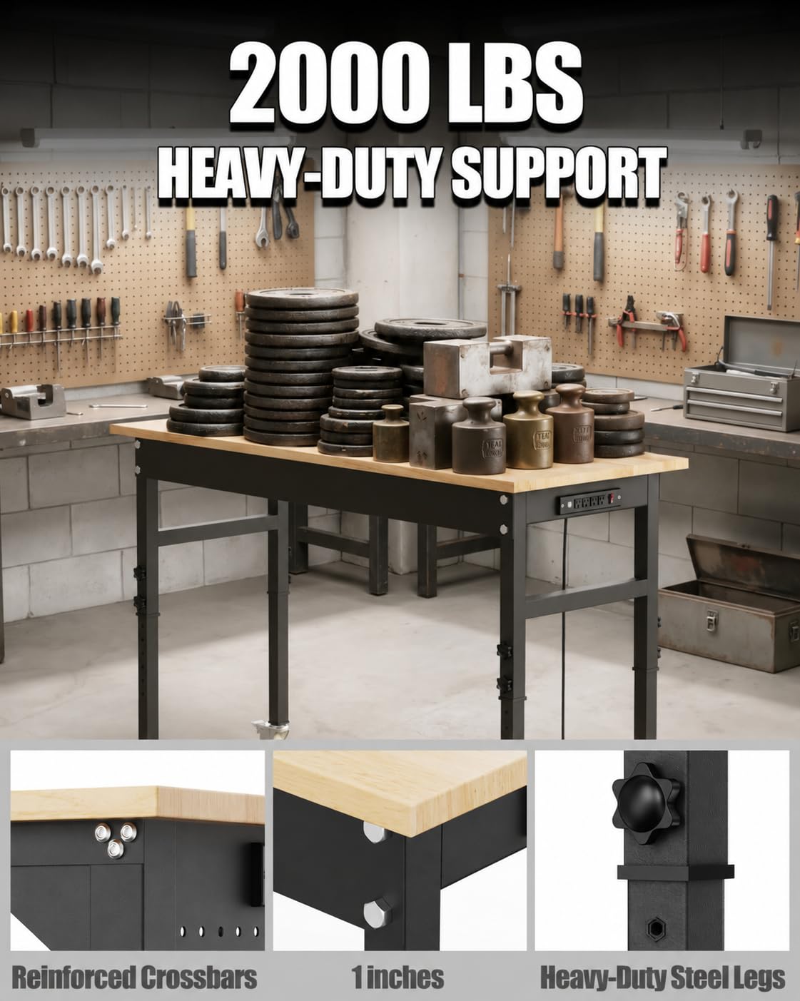 L-Shaped Adjustable Workbench with Power Outlets, 2000 LBS Heavy Duty Corner Work Bench, 0.8" Solid Wood Top Work