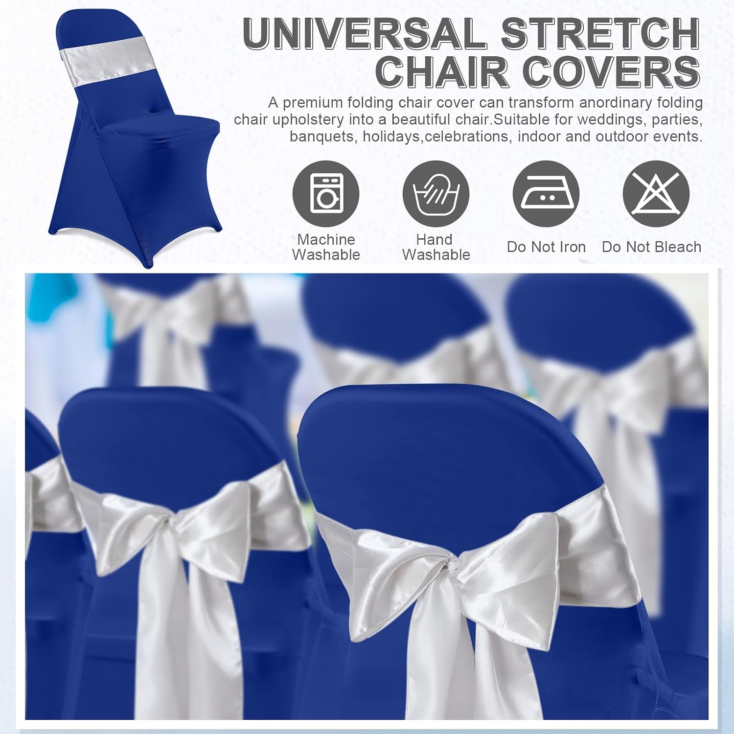 50 Pcs Folding Chair Cover Set, Royal Blue, Silver