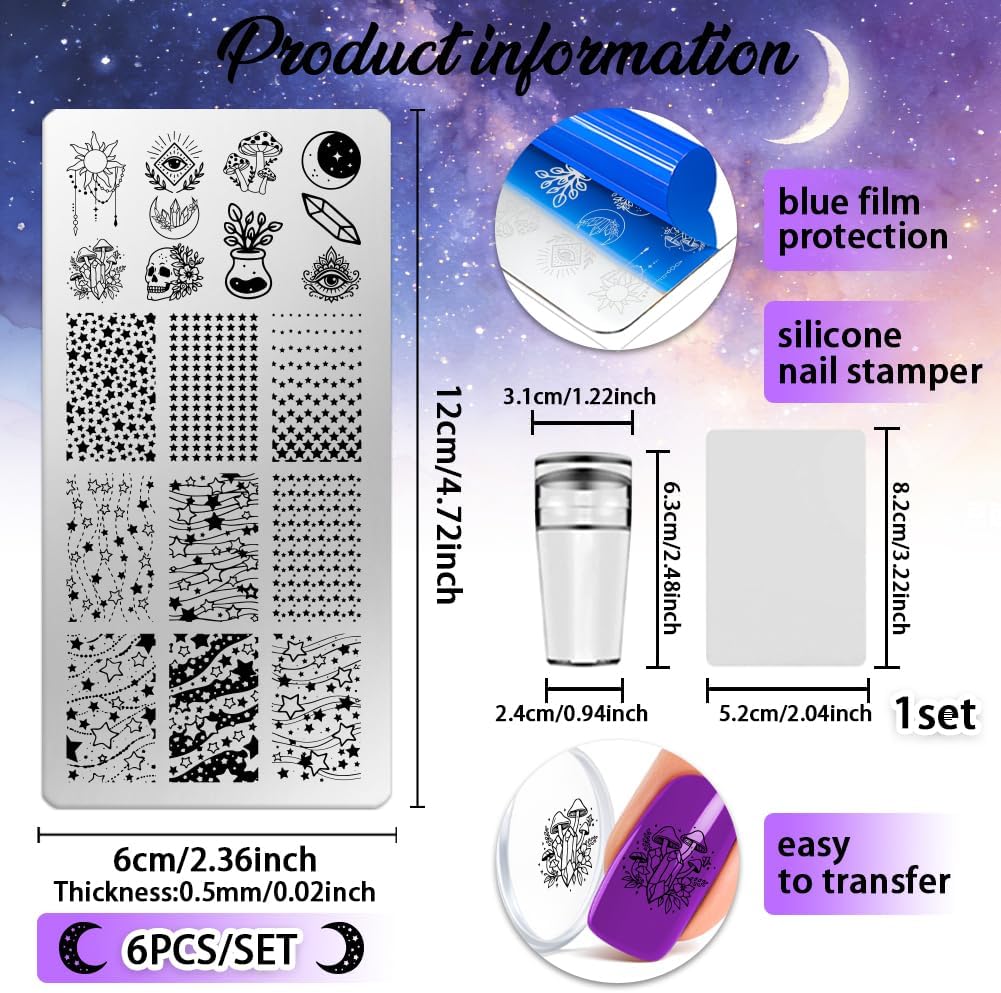 6 Sheets Nail Stamping Plate Star Moon Nail Art Stamp