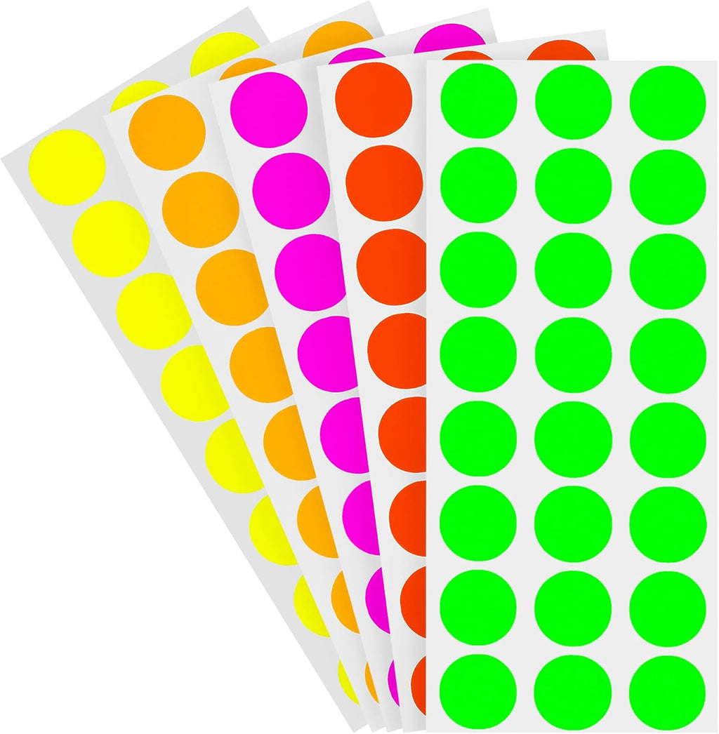 1/2" Removable Dot Stickers, 5 Fluorescent Colors, 1200/Pack