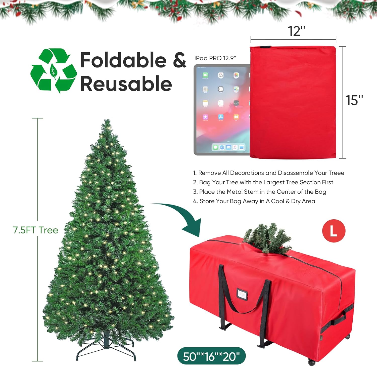 7.5 ft Rolling Christmas Tree Storage Bag, 2 Swivel Wheels for Easy Moving, Heavy Duty 600D Oxford Fabric Extra Large
