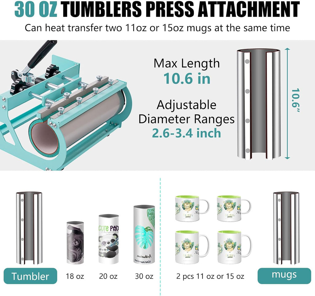 Heat Press 15x15 Inch, 8 in 1 Heat Press Machine with 30 OZ Tumbler Attachment, Professional Sublimation Machine for