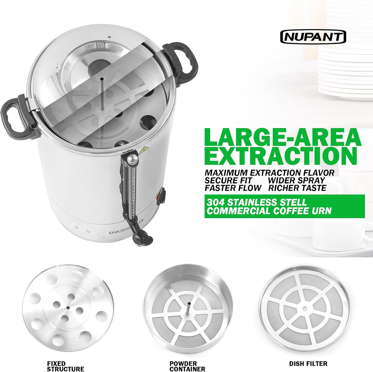 Commercial Coffee Urn 50 Cup/8L Coffee Dispenser with Upgraded Percolator, Double Wall 304 Stainless Steel Hot Water