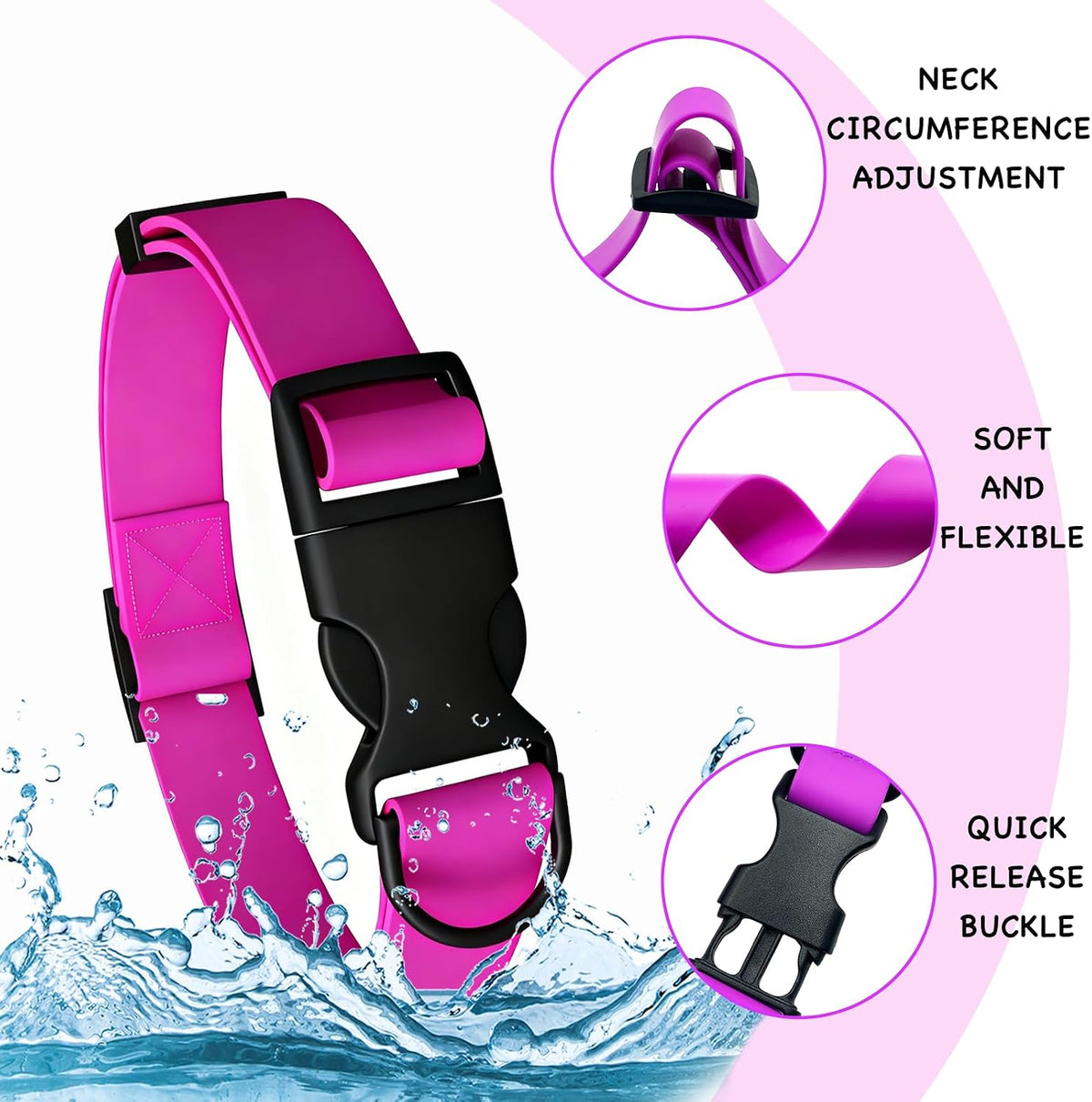 Waterproof Dog Collar Durable and Easy to Clean Rubber Dog Collars Odor-Proof Fits Small Medium Large Dogs (Rose