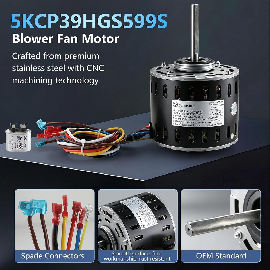 5KCP39HGS599S Blower Fan Motor 1/3 HP 115V 1075RPM 4-Speed, Furnace Blower Fan Motors Compatible with GE Trane Models MOT9053 MOT09053 MOT18948 MOT04716 MOT04722 MOT13512 MOT16953