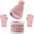 Kids Winter Hat Gloves Scarf Set, Winter Hats and Gloves for Girls with Pom, Neck Warmer Thick Lining Set