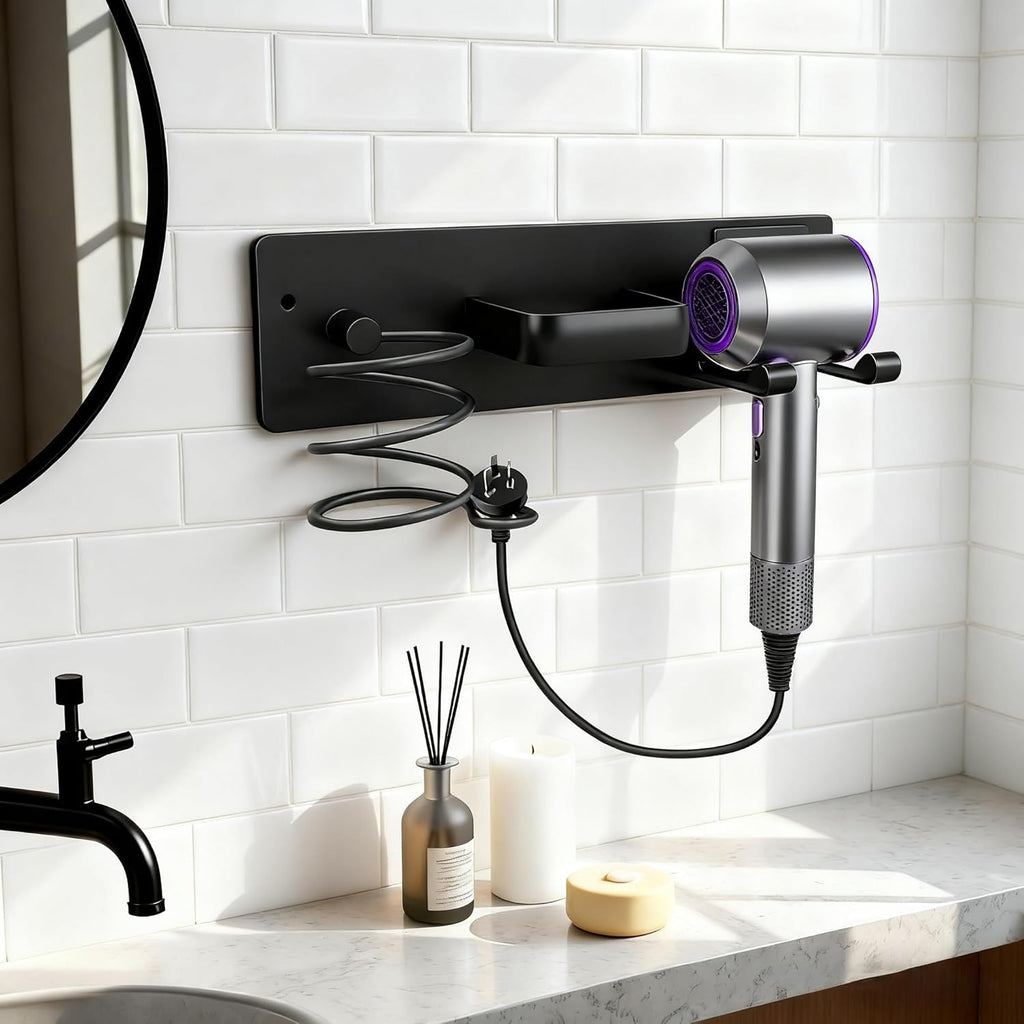 Blow Dryer Holder Wall Mount, 3 in 1 Bathroom Hair Tool Organizer with Curling Iron Holder & Flat Iron Holder
