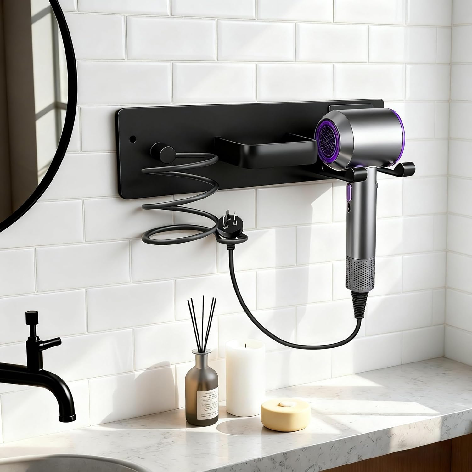 Blow Dryer Holder Wall Mount, 3 in 1 Bathroom Hair Tool Organizer with Curling Iron Holder & Flat Iron Holder