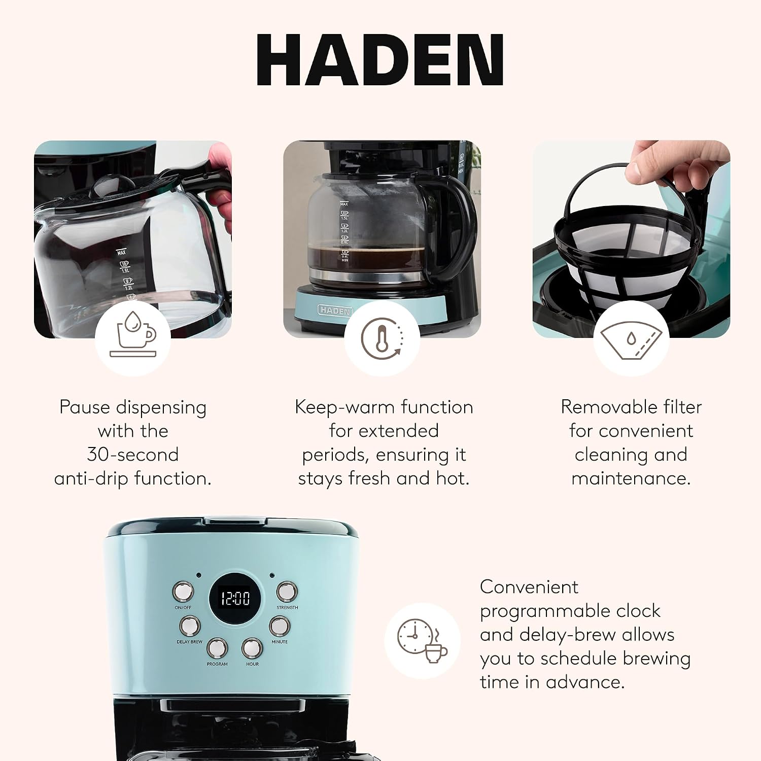 Coffee Machine, 12 Cup Programmable Drip Coffee Maker | with Auto Shut-Off Function and Reusable Washable Water