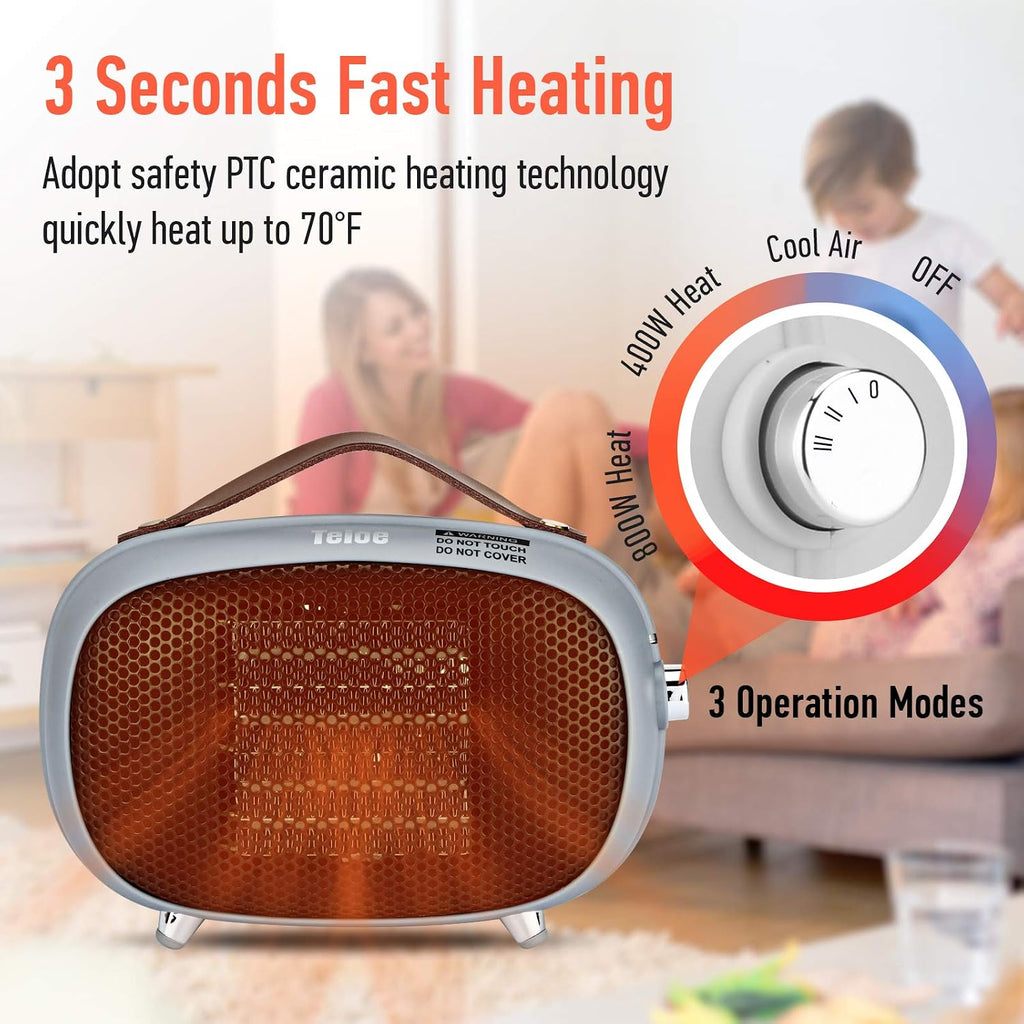 Space Heater, Teioe Mini Electric Space Heater 800W/400W, Small PTC Ceramic Heater with Tip-Over and Overheat