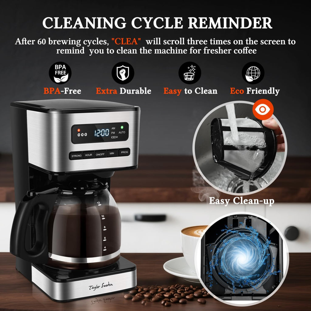 Programmable Coffee Makers 12 Cup, Black &Stainless Steel | Hot and Iced Coffee Maker, 4 Brew Strength, LED Display