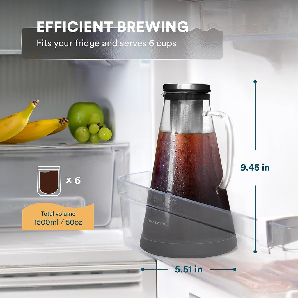 Airtight Cold Brew Iced Coffee Maker Pitcher (& Iced Tea Maker) with Spout – 1.5L/ 51oz Brewing Glass Carafe with
