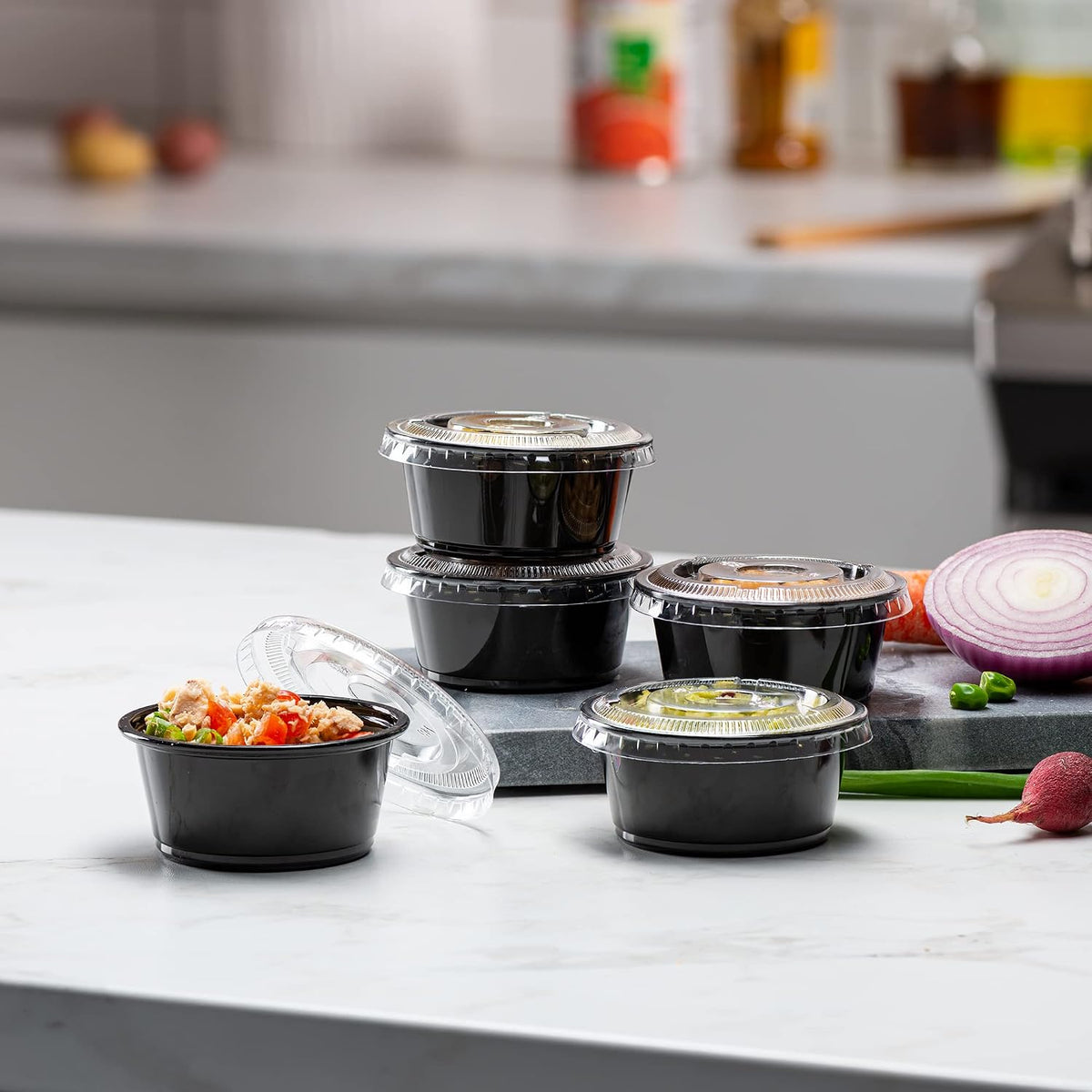 {3.25 oz - 100 Sets} Black Diposable Plastic Portion Cups With Lids, Small Mini Containers For Portion Controll