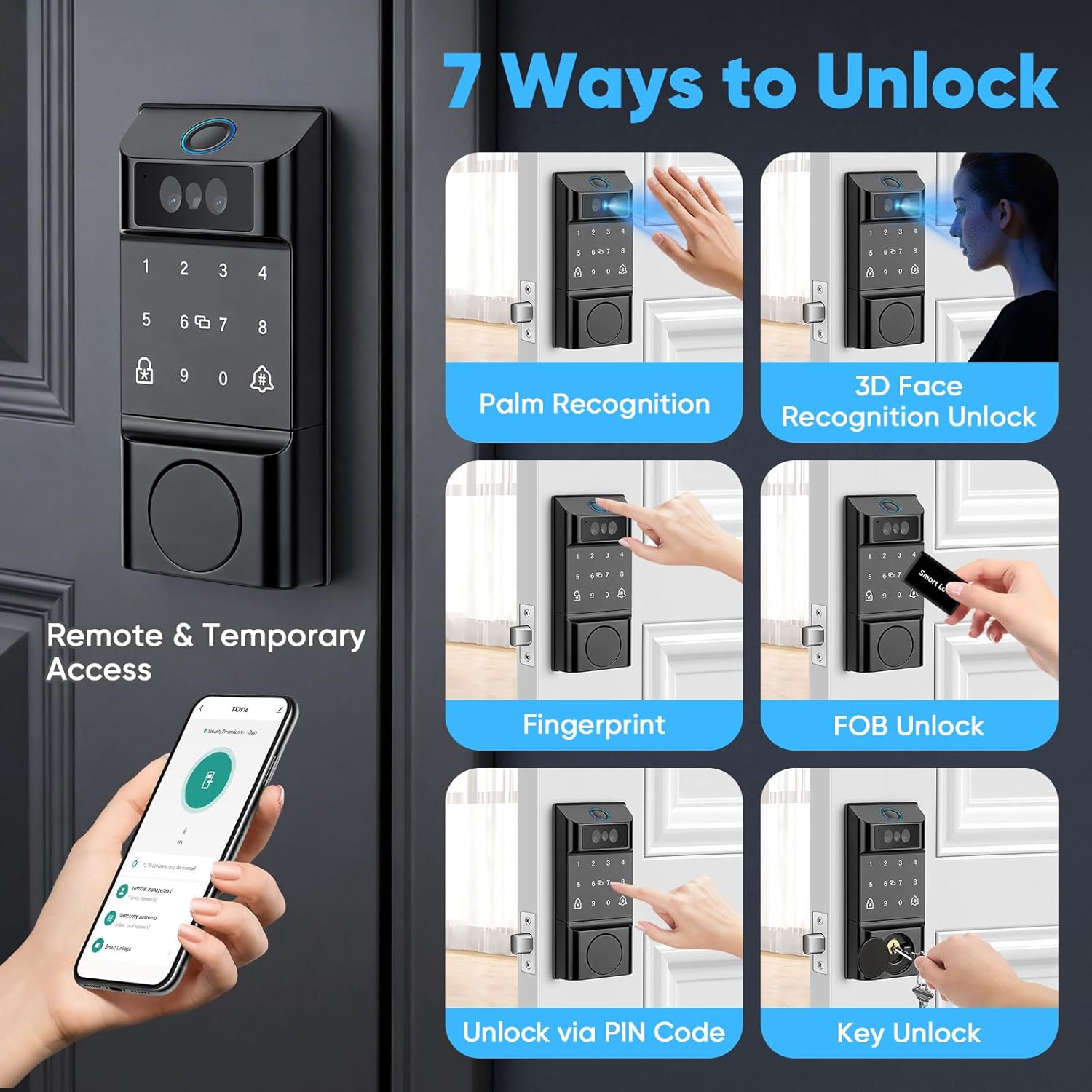 Smart Lock with Palm Vein&Facial Recognition& Fingerprint Keyless Entry Door Lock, Built-in Wi-Fi Deadbolt with