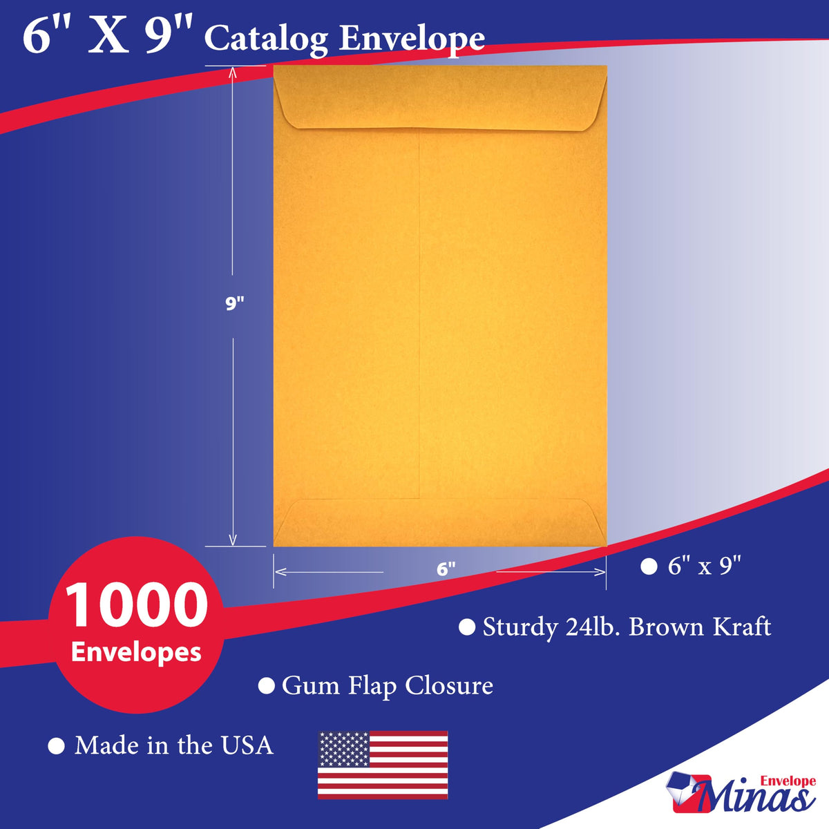 1000 Minas Envelope - 6x9 Catalog Envelopes, Open End with Gummed Seal, 24lb Kraft Paper