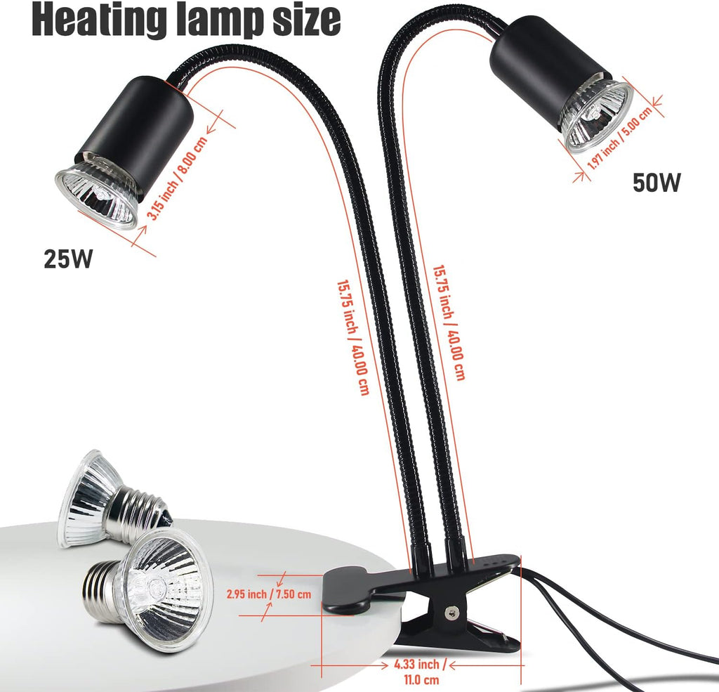 Reptile Heat Lamp, Double-Head Heat Lamp with Clamp, UVA UVB Reptile Light with Intelligent Cycle Timer for Turtle
