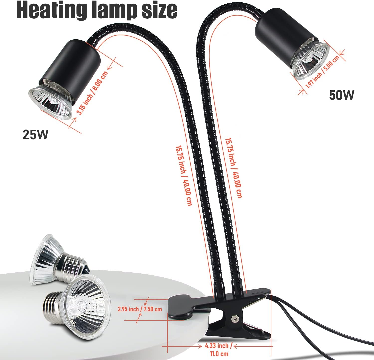Reptile Heat Lamp, Double-Head Heat Lamp with Clamp, UVA UVB Reptile Light with Intelligent Cycle Timer for Turtle