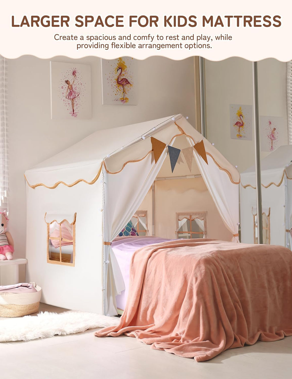 2-in-1 Kids Play Tent, Indoor Tent with Double Doors | 51" x 35" x 51", LED Lights, Soft Floor Mat, 4 Breathable