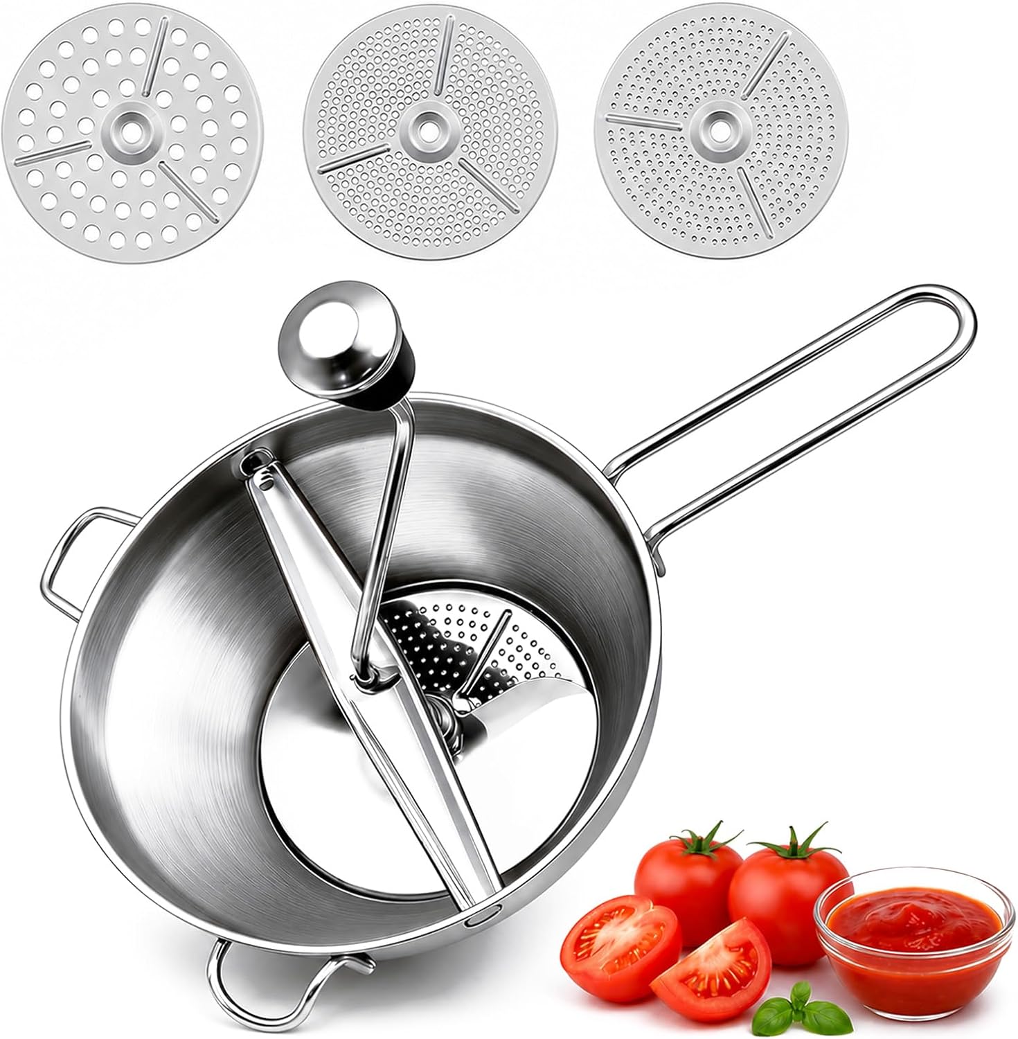 Stainless Steel Food Mill with 3 Interchangeable Discs, Rotary Food Mill for Tomato Sauce, Mashed Potatoes, Baby